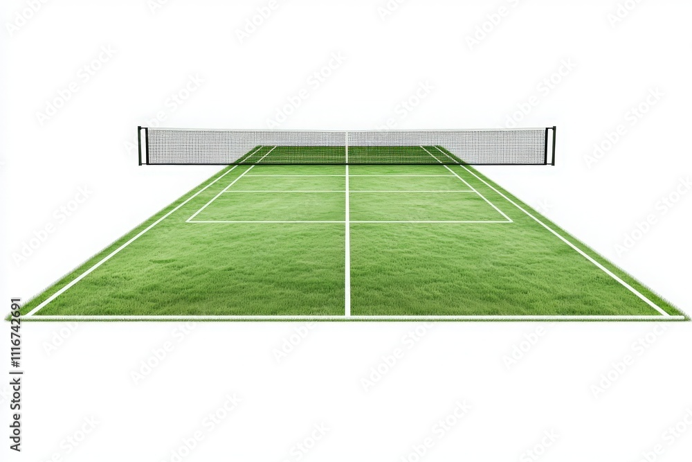 A well-maintained tennis court featuring vibrant green grass and crisp white lines. The net stands in the center, ready for players to engage in matches or practice their skills.