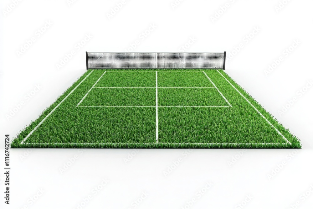 A well-maintained tennis court with bright green grass features clear white lines and a net in the center. This space is ready for practice, providing an inviting area for tennis enthusiasts.