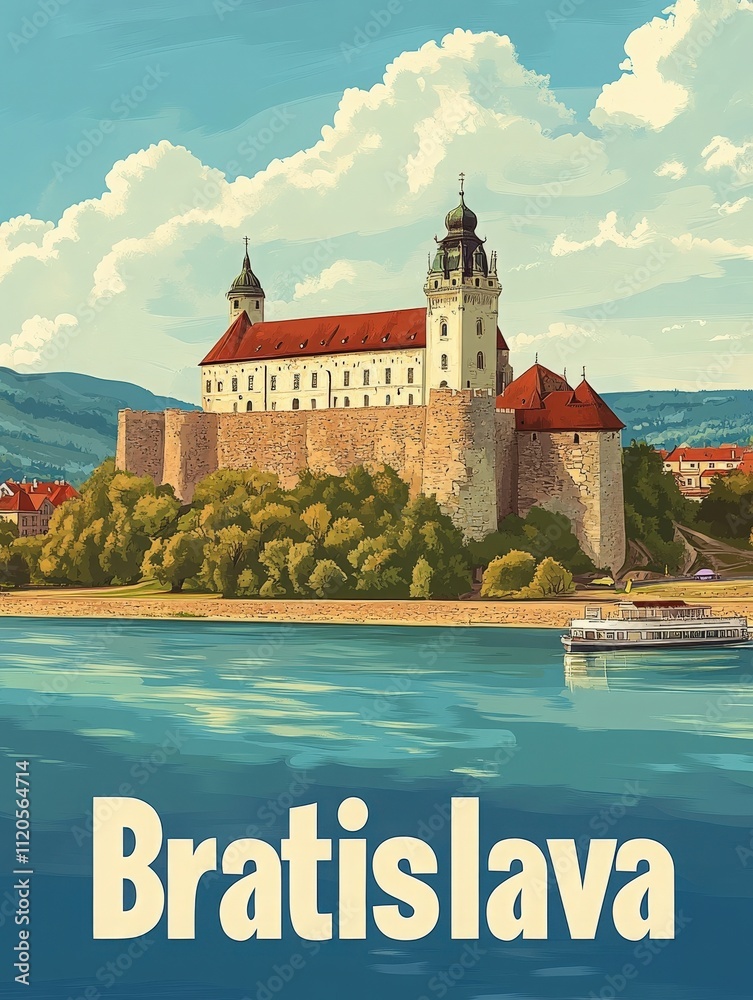 A well-preserved castle stands majestically on a hill, surrounded by lush greenery and a shimmering river. Under a bright sky, a boat glides gently along the water, highlighting the scenic beauty.