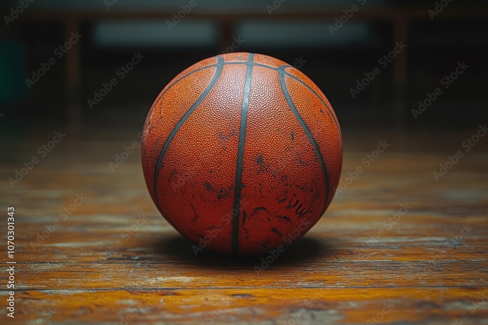 A well-worn basketball sits on a textured wooden floor, revealing visible signs of use. This top down perspective highlights the sports equipment in a gym setting, inviting play.