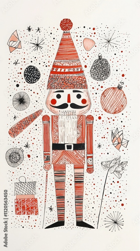 A whimsical nutcracker dressed in red and white stands amid colorful ornaments and shapes, evoking a festive atmosphere. The playful design highlights holiday cheer and creativity.