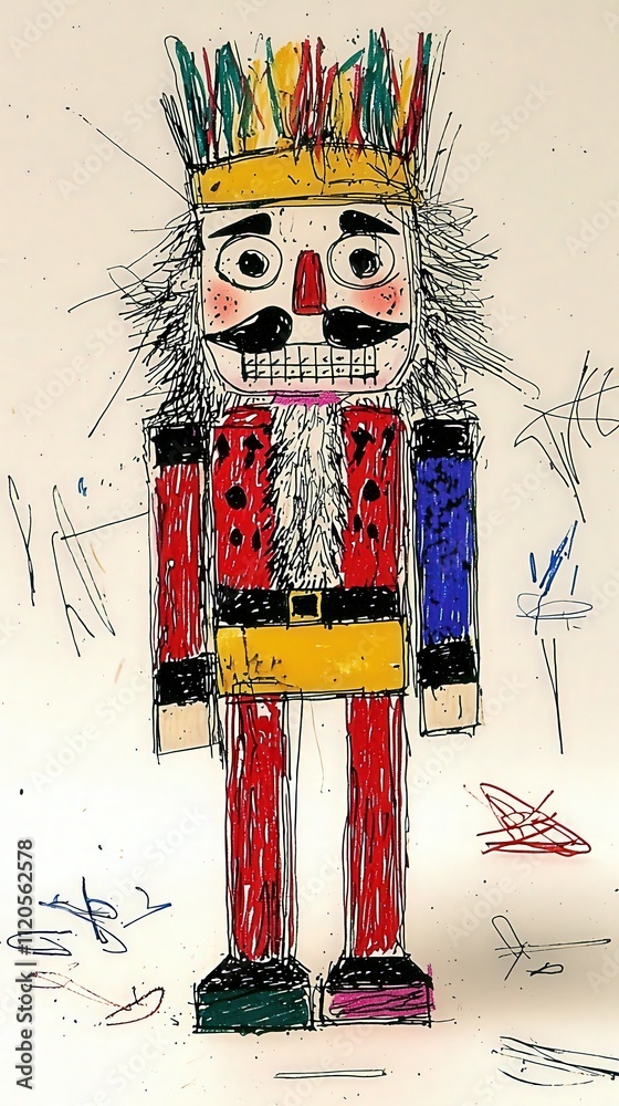 A whimsical nutcracker figure stands prominently, featuring bright colors and playful details. The artwork showcases a blend of creativity and imagination with energetic lines and textures.