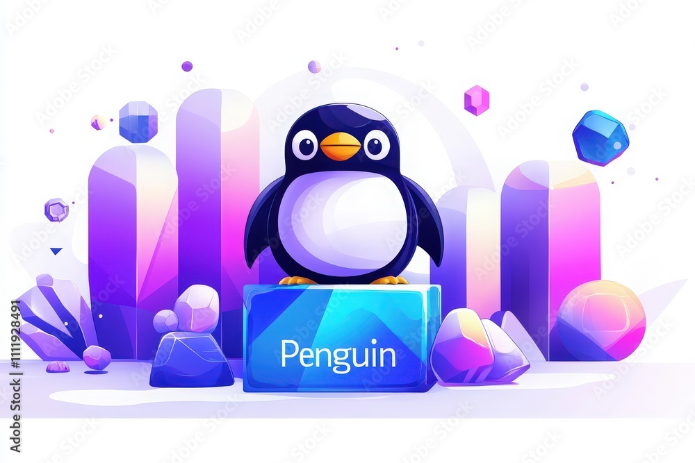 A whimsical penguin character is positioned on a crystal-like pedestal. The backdrop features vibrant geometric shapes and colorful crystals, creating a playful atmosphere.