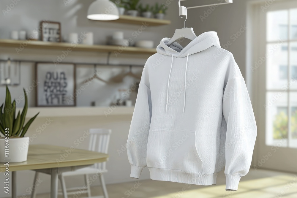 A white hoodie hangs from a hanger in a contemporary room filled with natural light. The minimalist design features plants and simple furnishings, creating a cozy atmosphere.