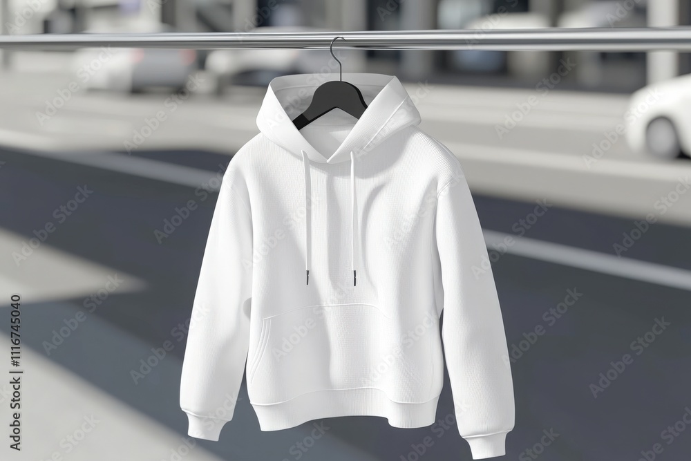 A white hoodie hangs on a black hanger against a blurred background of traffic and buildings, showcasing its simple design and streetwear style in a lively urban setting.