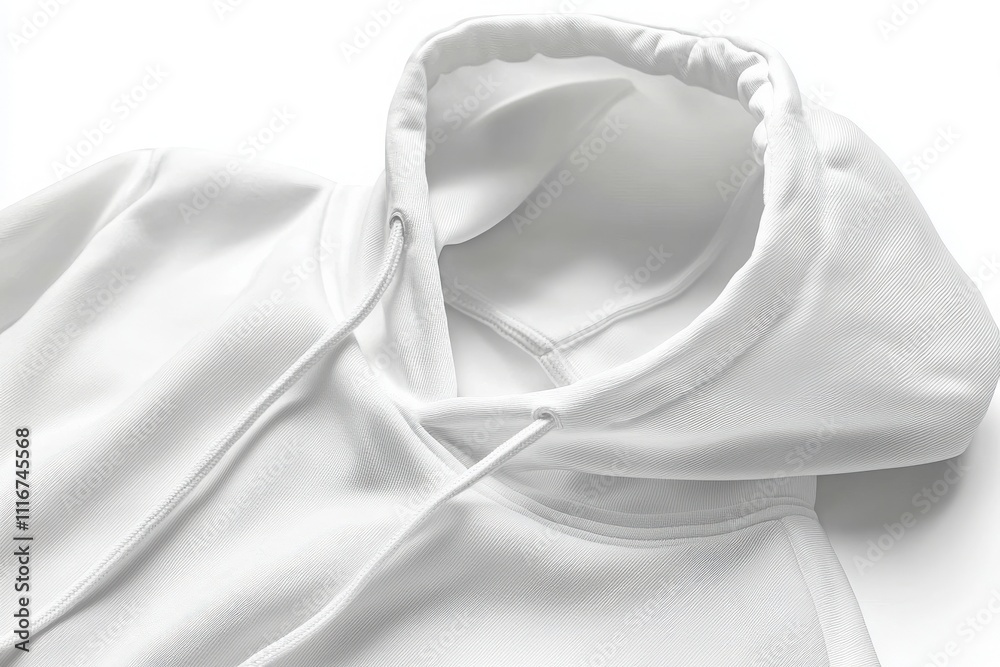 A white hoodie is neatly arranged on a smooth surface, showcasing its soft fabric and simple design. The minimalist presentation highlights its versatility and comfort.