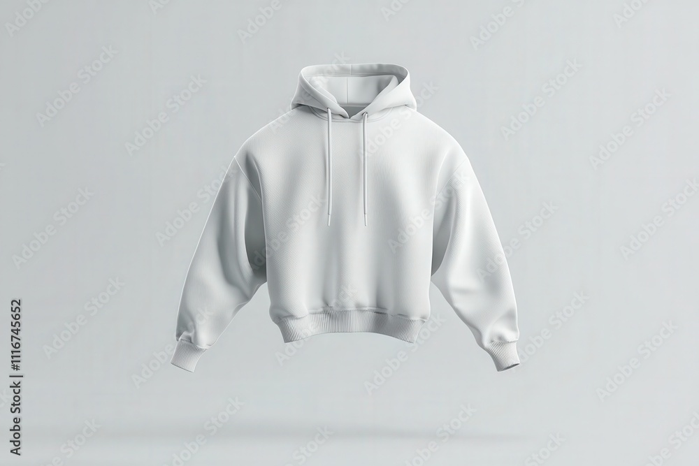 A white hoodie is suspended in a minimalist setting, highlighting contemporary fashion aesthetics. The clean lines and lack of distractions emphasize the garments design and texture.