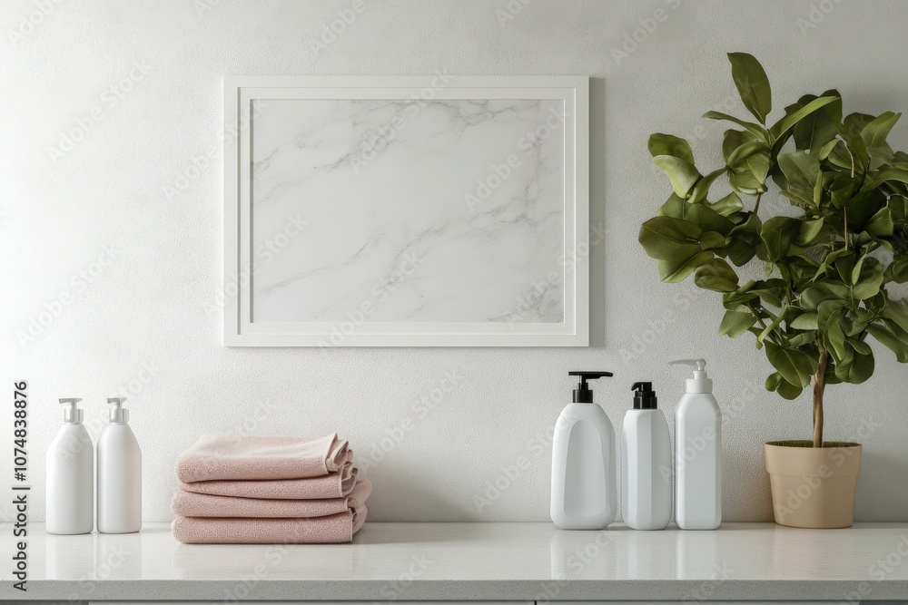 A white rectangular frame sits empty on a plain wall, accompanied by neatly folded towels and skincare products on a countertop. A potted plant adds a touch of greenery to the setting.