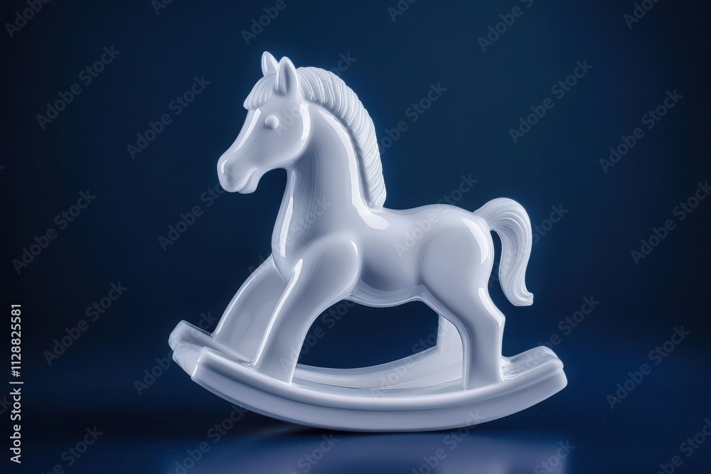 A white rocking horse sculpture is positioned on a smooth surface, illuminated by soft lighting against a dark blue backdrop, creating a serene and elegant atmosphere.