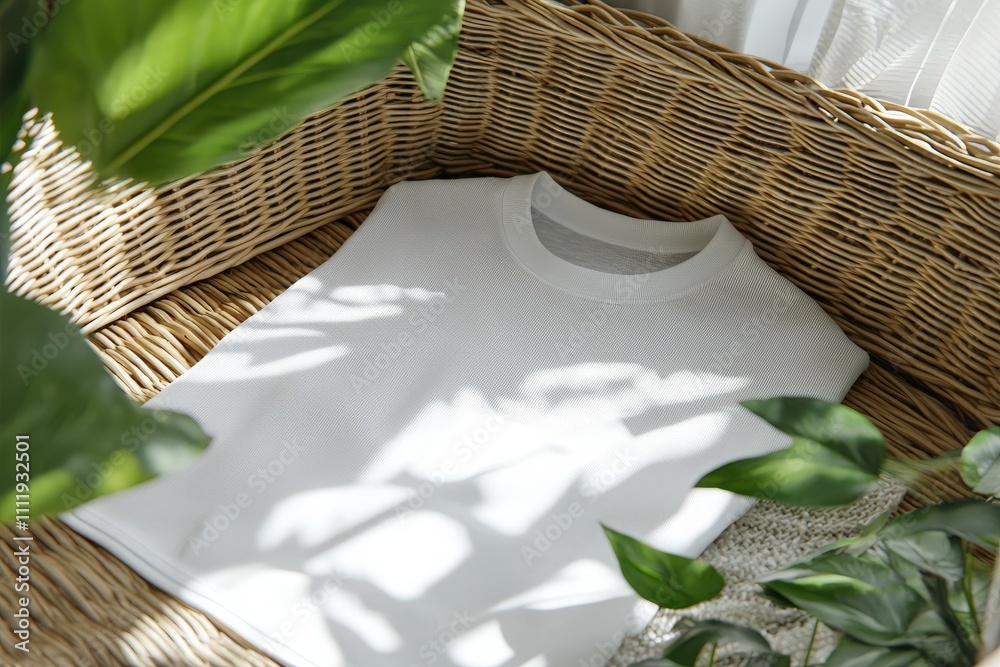 A white shirt is neatly laid on a woven basket that sits among lush green plants. Sunlight gently filters through, creating a warm and inviting atmosphere in the space.