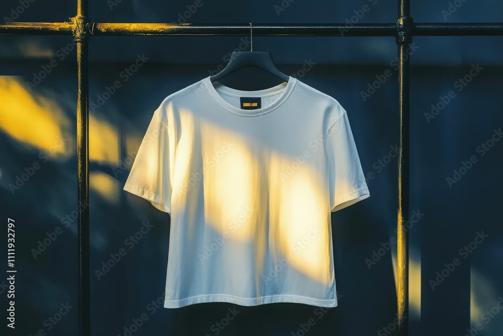 A white t-shirt is neatly hanging from a black rack, illuminated by warm golden light as the sun sets. The contrasting colors enhance the garments simplicity and style.