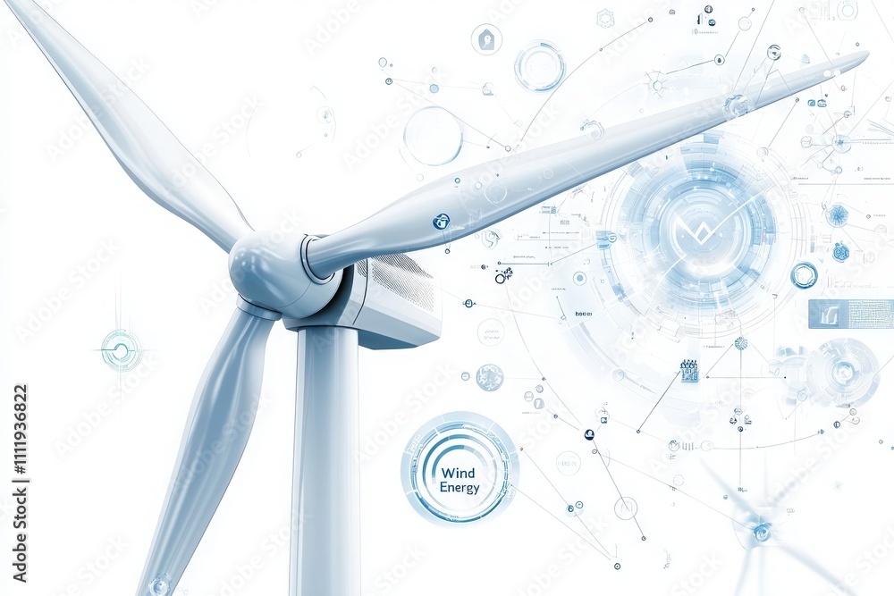 A wind turbine stands prominently, generating renewable energy. Surrounding it are futuristic digital graphics representing technology, data, and innovation in energy production.