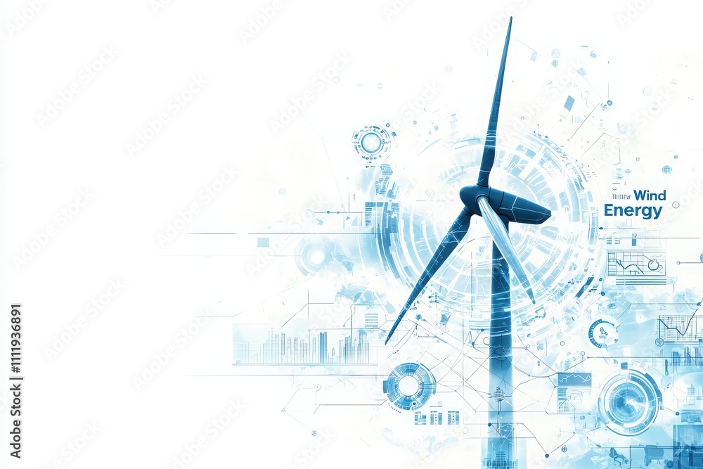 A wind turbine stands prominently, symbolizing renewable energy. Surrounding digital elements showcase technology and data, illustrating advancements in sustainable power.