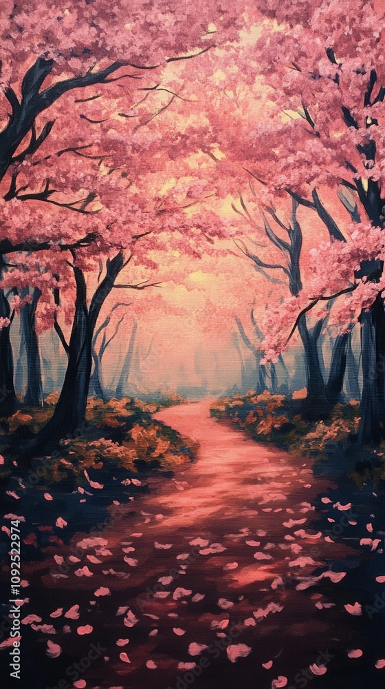 A winding path bordered by tall trees adorned with vibrant pink blossoms creates a serene atmosphere. Soft petals gently fall to the ground, enhancing the tranquil scene in spring.