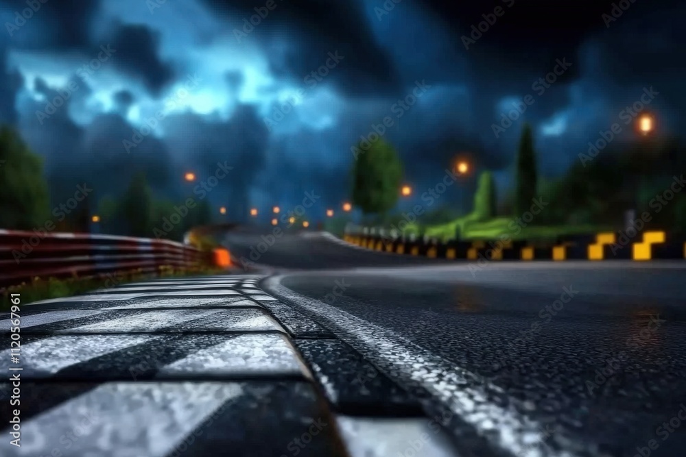 A winding racing track is captured at night, illuminated by streetlights. Dark clouds loom overhead, highlighting the intensity of the racing atmosphere as excitement builds.