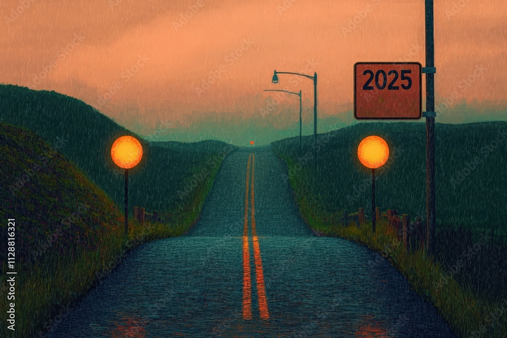 A winding road stretches into a hazy distance, flanked by glowing lanterns. A sign indicating the year 2025 stands beside the road, under a muted sunset sky.