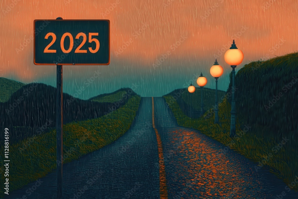 A winding road stretches into the distance under a colorful twilight sky. Vintage lampposts line the sides, casting a warm glow, while a sign indicates the year 2025 ahead.
