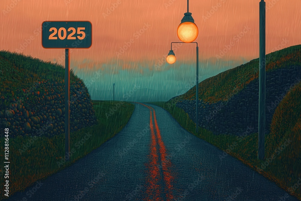 A winding road stretches towards the horizon marked with the year 2025. Soft light from lampposts contrasts against the dim twilight, creating a serene atmosphere.