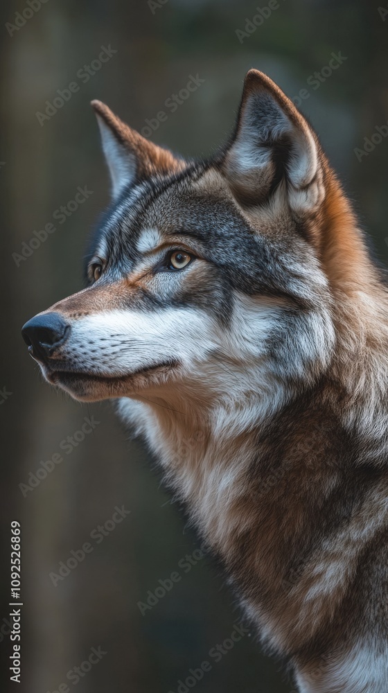 A wolf gazes intently into the distance, showcasing its striking features and thick fur. The soft morning light filters through the trees, creating a serene atmosphere in the forest.