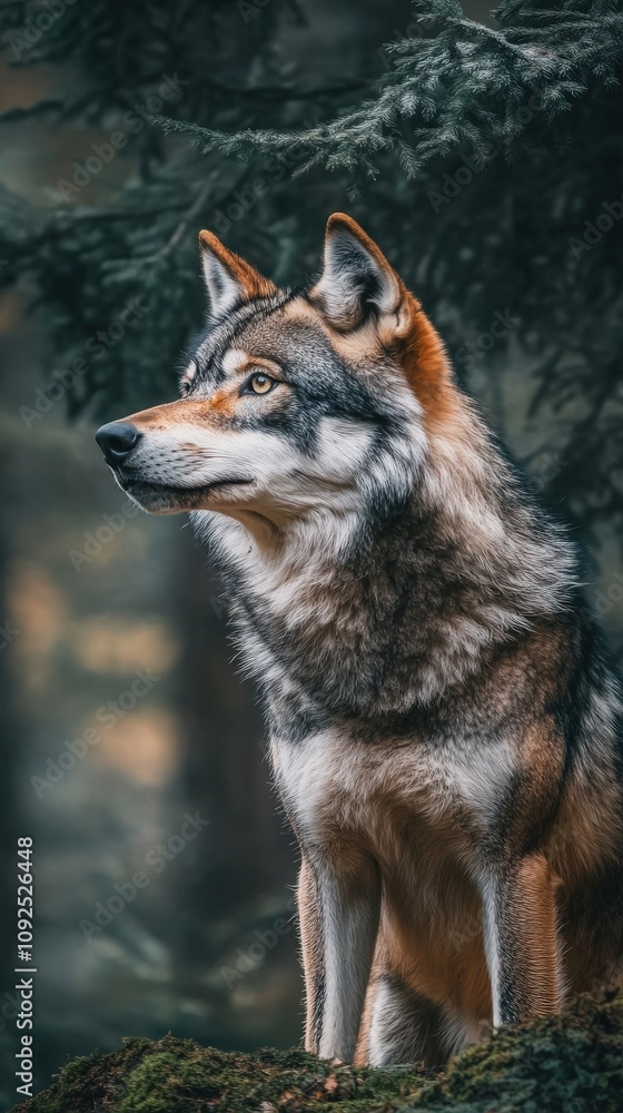 A wolf sits gracefully on a mossy rock in a dense forest, its fur glistening in the dim light. The atmosphere is serene and mysterious, showcasing the wolfs natural beauty and elegance.