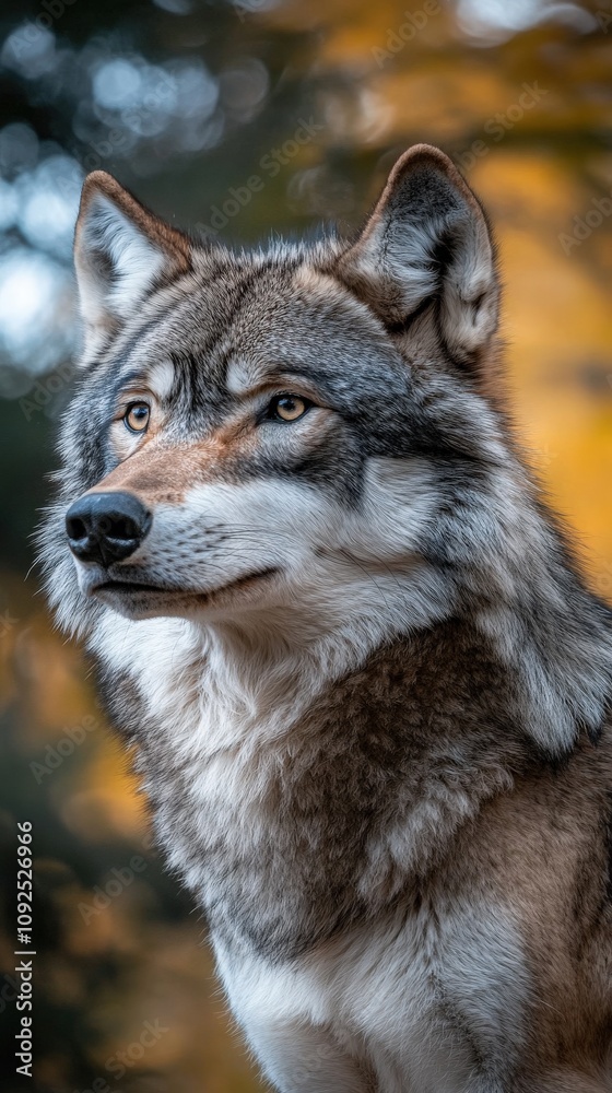 A wolf stands alert, its gaze fixed on the environment. Surrounded by autumn foliage, the wolf showcases its thick fur and keen features, embodying the essence of wildlife in a serene setting.