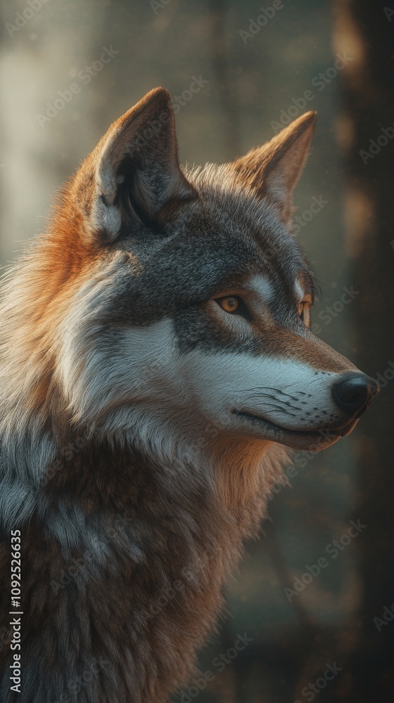 A wolf stands gracefully, showcasing its thick fur and intense gaze. Sunlight filters through the trees, highlighting the beauty of its features in a tranquil forest setting.