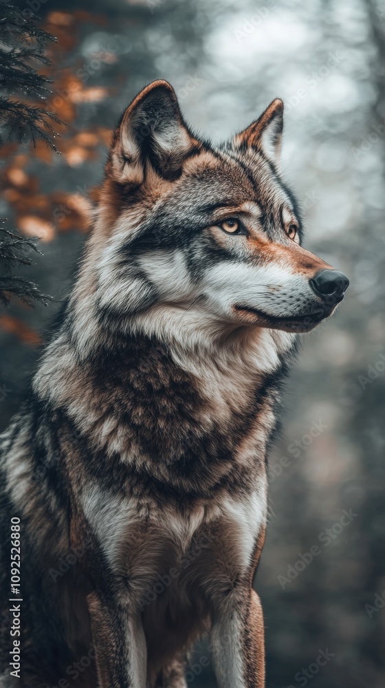 A wolf with thick fur and piercing eyes sits attentively in a misty forest. The soft light filters through the trees, creating a serene atmosphere. Autumn leaves add color to the backdrop.