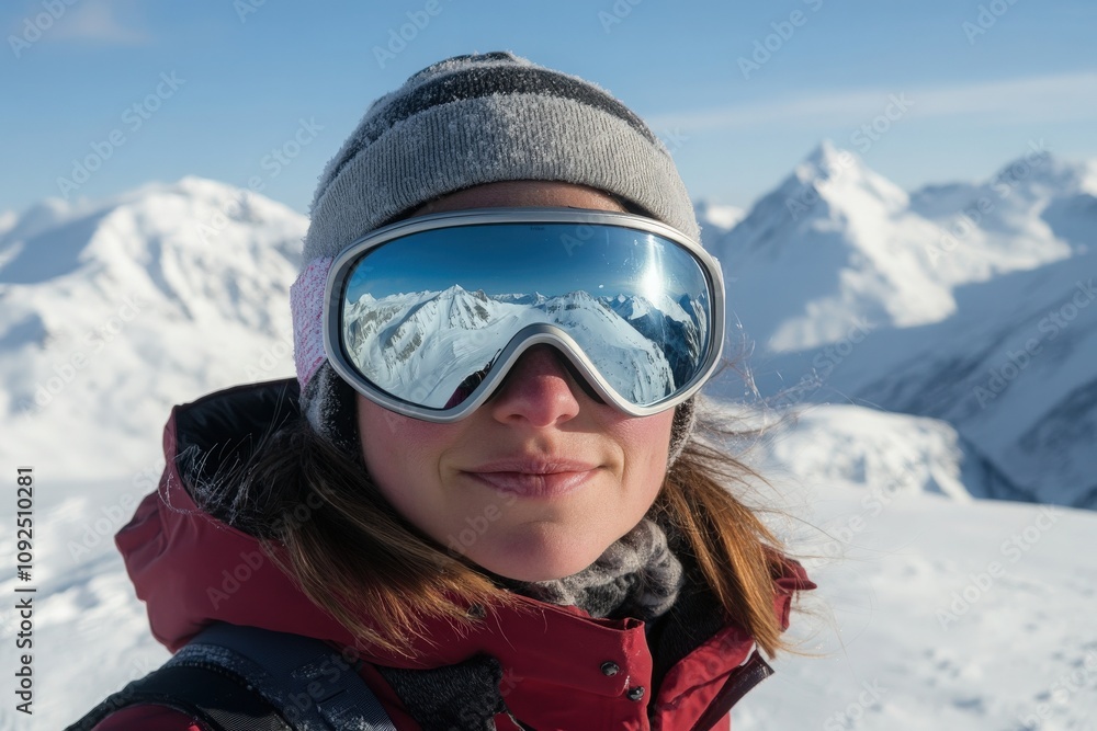 A woman enjoys a snowy day in the mountains, wearing goggles and a warm jacket. The stunning views of snow-covered peaks showcase a bright blue sky, evoking excitement and tranquility.
