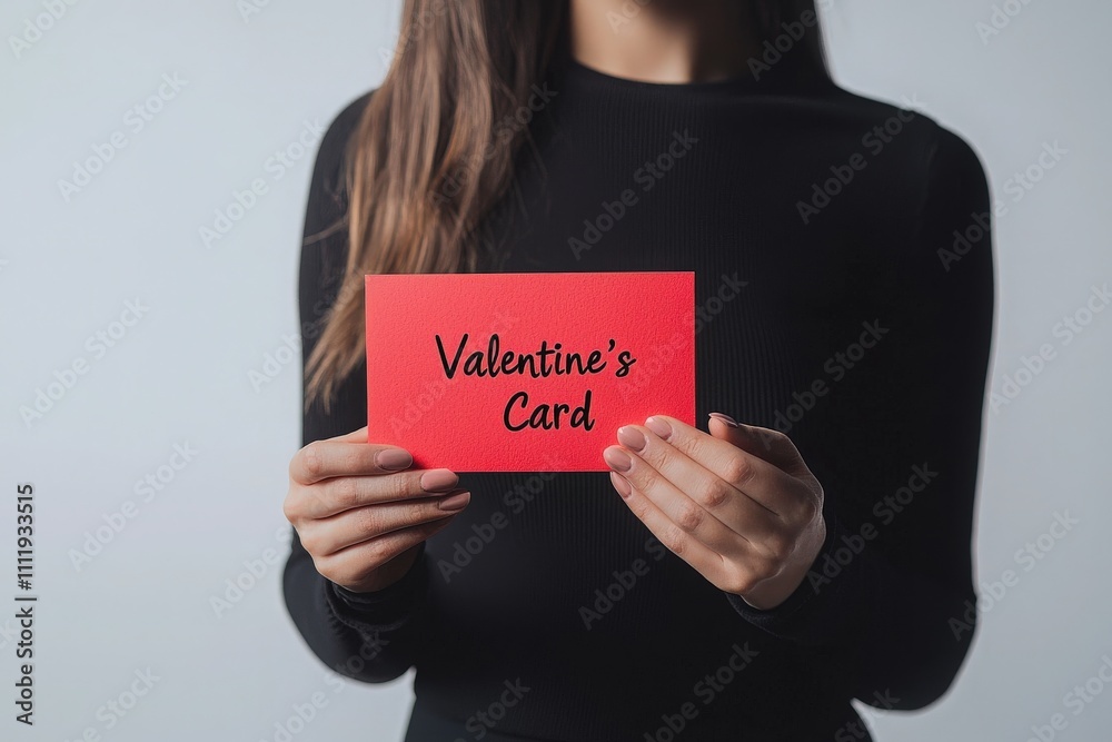 A woman in a black long-sleeve top displays a red Valentines card. The background is neutral, emphasizing the cards vibrant color and important occasion. It conveys affection and celebration.