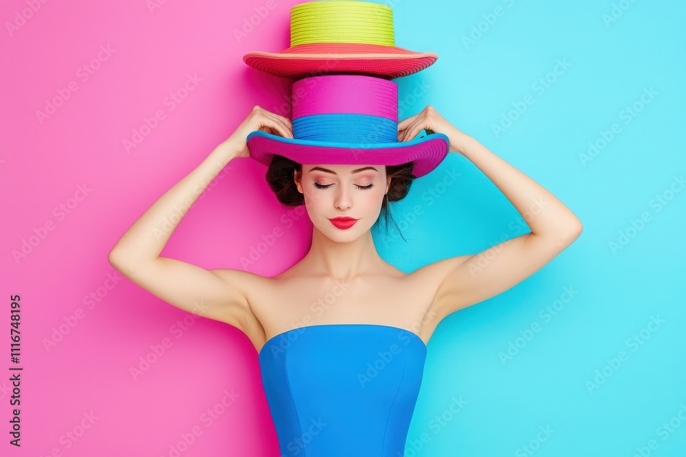 A woman in a blue strapless top balances three colorful hats on her head, surrounded by a bright pink and blue background. Her expression is serene and playful, showcasing her confidence.