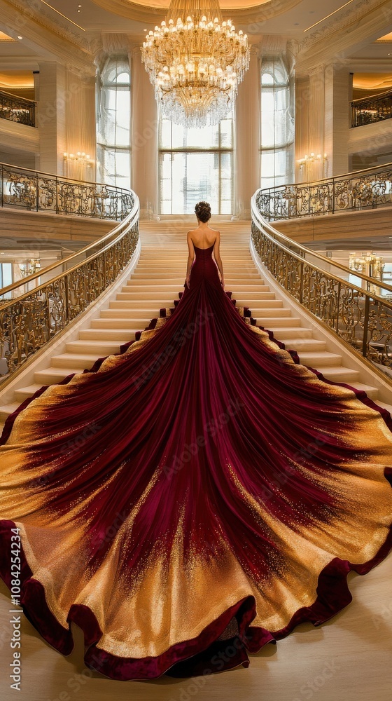 A woman in a stunning couture gown flows down an elaborate staircase within a grand venue, showcasing elegance and sophistication.