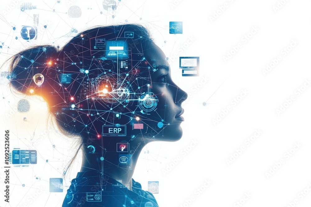 A woman is depicted in profile against a light background, with digital elements and network symbols surrounding her, illustrating the connection between technology and human intelligence.