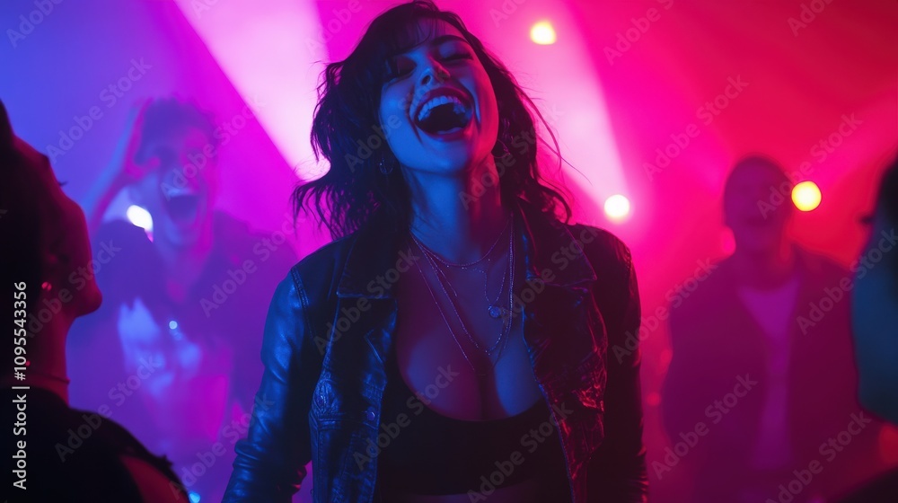 A woman is joyfully dancing in a vibrant party environment filled with colorful lights. The lively atmosphere is enhanced by the music and the energy of the guests around her.