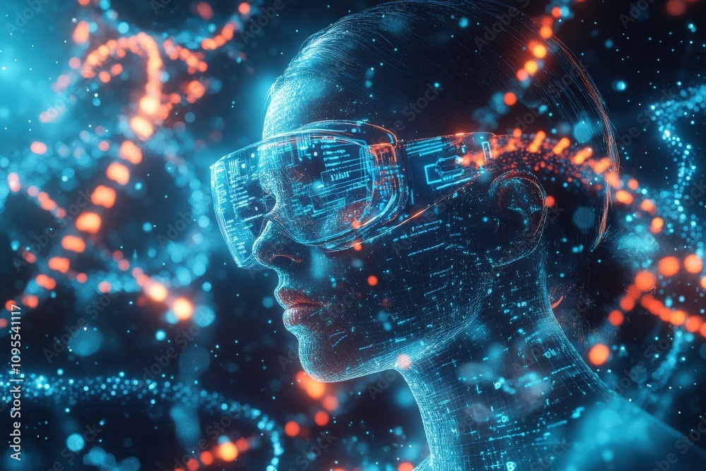 A woman is wearing augmented reality goggles, surrounded by glowing digital elements. The vibrant hues create a dynamic atmosphere, suggesting technology, innovation, and exploration of data.