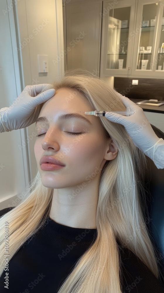 A woman receives a cosmetic procedure in a well-lit salon. A practitioner administers treatment to her forehead while she relaxes in a comfortable chair. The environment is clean and elegant.