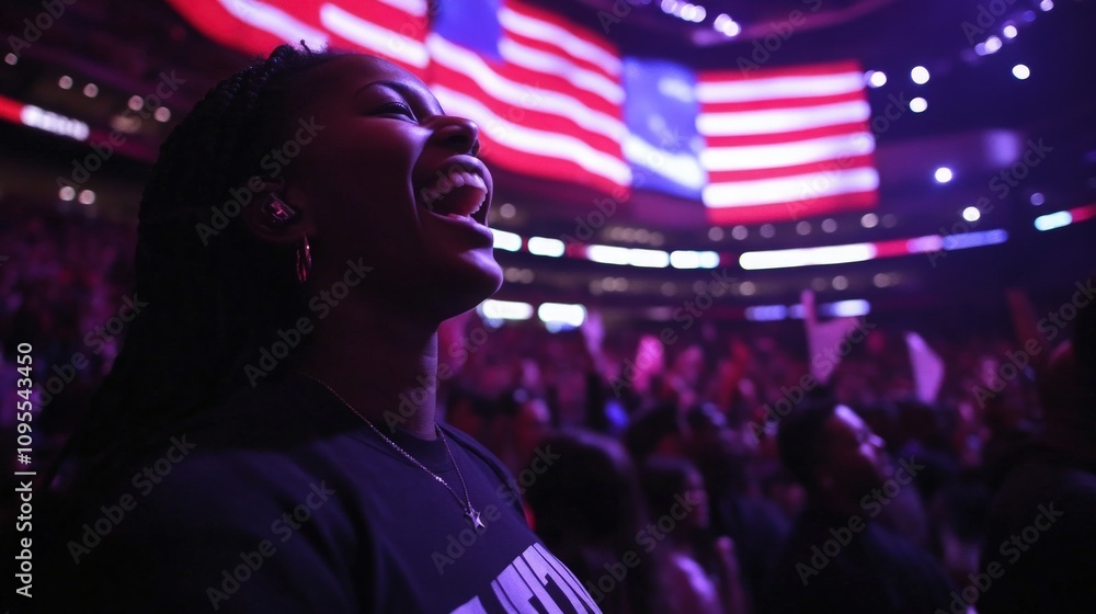 A woman smiles broadly, overcome with joy while surrounded by a vibrant crowd. Large screens in the background showcase flags, adding to the celebratory atmosphere of the event.