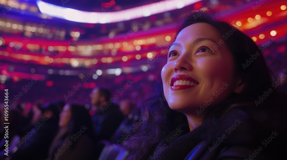 A woman smiles with joy while watching a captivating live performance in a packed arena. The colorful lights illuminate the crowd, creating an energetic atmosphere.