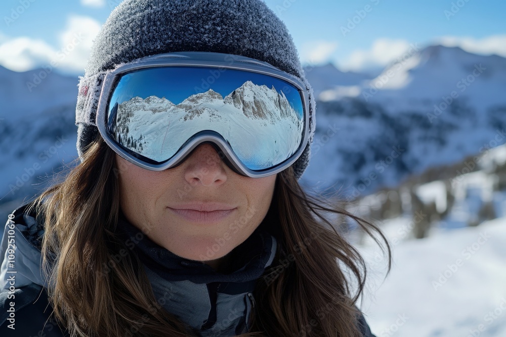 A woman stands on a snow-covered mountain wearing ski goggles that reflect stunning snowy peaks. The bright blue sky contrasts with the winter landscape, showcasing a peaceful day outdoors.