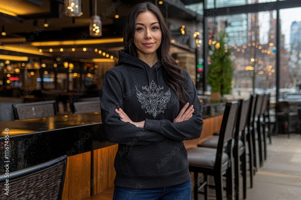A woman stands with arms crossed in a chic restaurant, showcasing a black hoodie. The background features modern decor, large windows, and bar seating, reflecting a vibrant atmosphere.