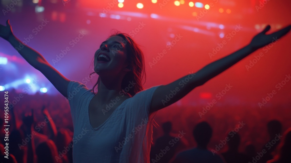 A woman stands with arms outstretched, immersed in the lively and colorful ambiance of a nighttime concert. The crowd around her dances, illuminated by vivid lights, creating a joyful atmosphere.