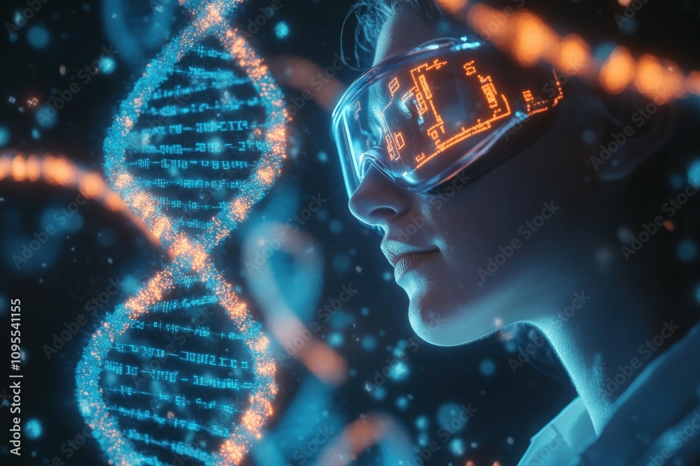 A woman wearing high-tech glasses observes floating, illuminated DNA strands and streaming digital information. The atmosphere is filled with a sense of advanced technology and exploration.