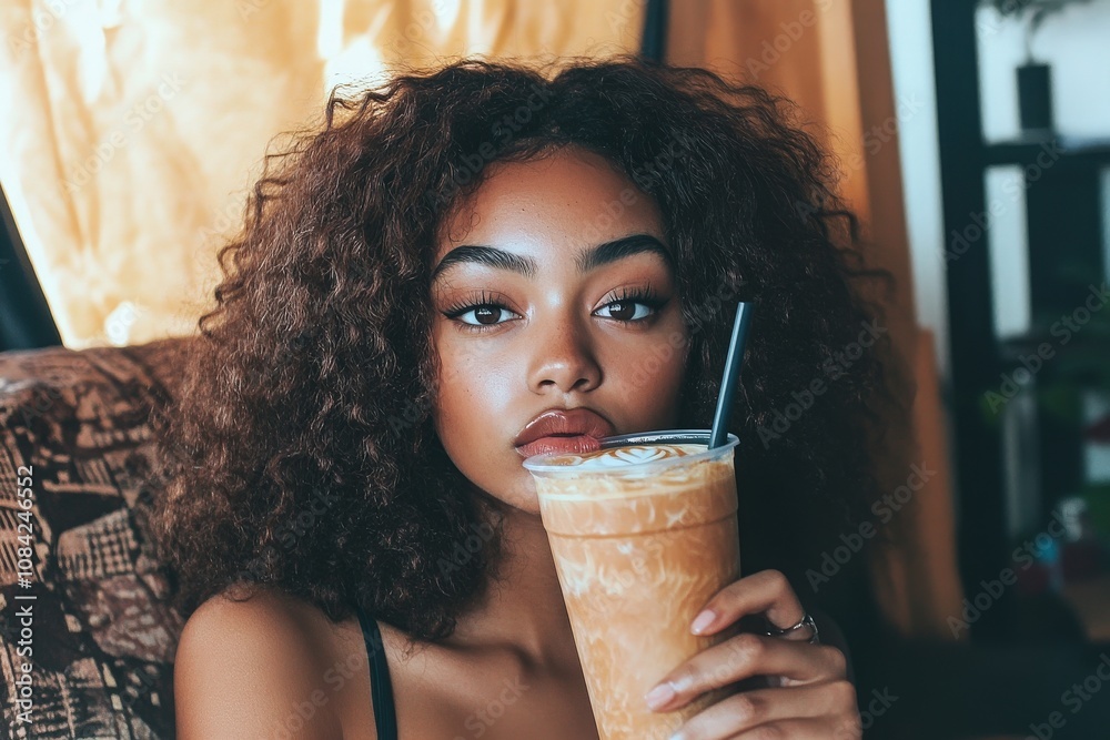 A woman with beautiful brown hair sits comfortably while taking a selfie, holding a chilled drink in a stylish cafe. The warm light creates a relaxed atmosphere around her.