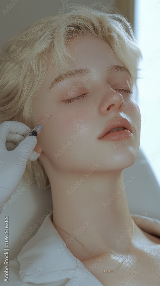 A woman with blonde hair relaxes as a practitioner administers a cosmetic injection on her cheek. The setting is calm, featuring soft lighting and a clean atmosphere typical of aesthetic clinics.