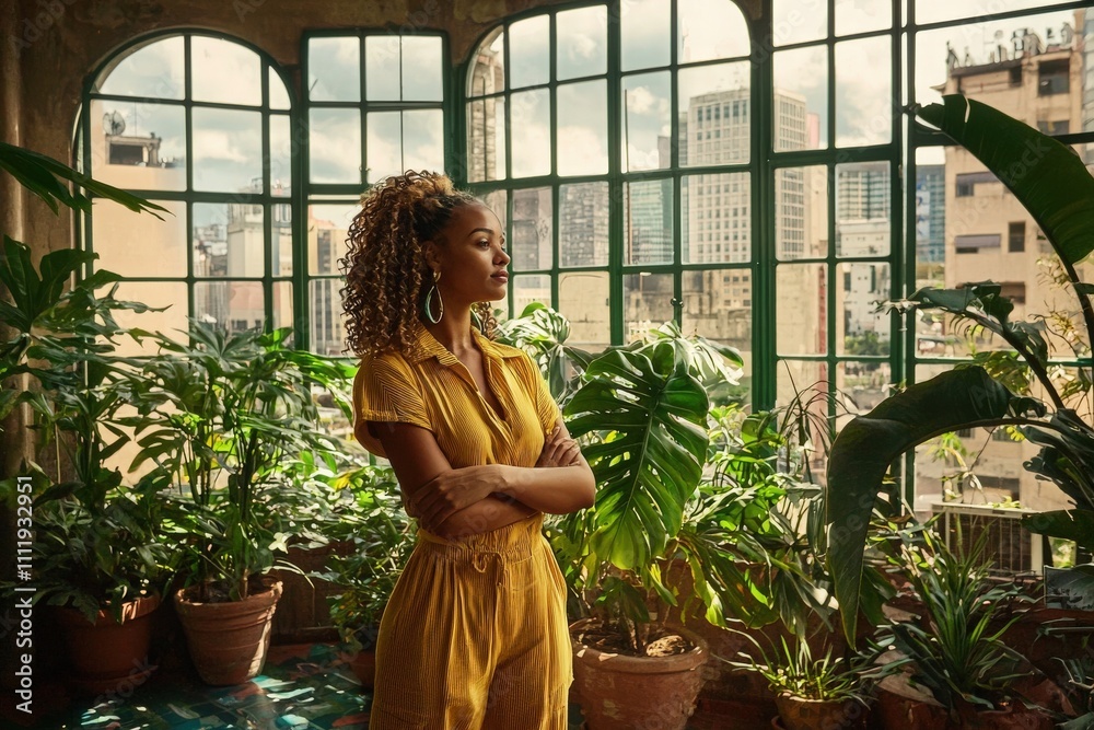 A woman with curly hair and hoop earrings stands with her arms crossed amidst vibrant greenery. The urban landscape peeks through large windows, enhancing the serene atmosphere.