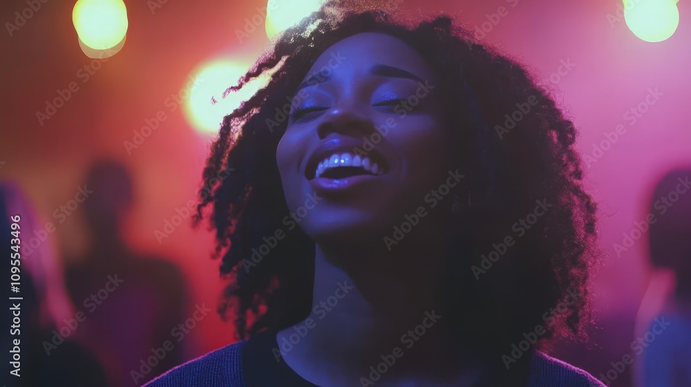A woman with curly hair smiles brightly while dancing in a lively setting filled with colorful lights. She is immersed in the music, enjoying the vibrant energy of the night with others around her.