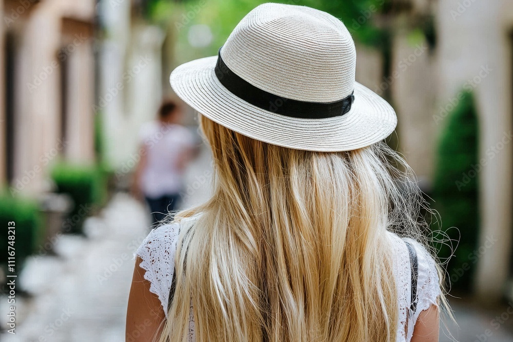 A woman with long blonde hair wears a straw hat and walks down a picturesque street lined with trees and plants. The atmosphere is tranquil and inviting, perfect for a leisurely stroll.