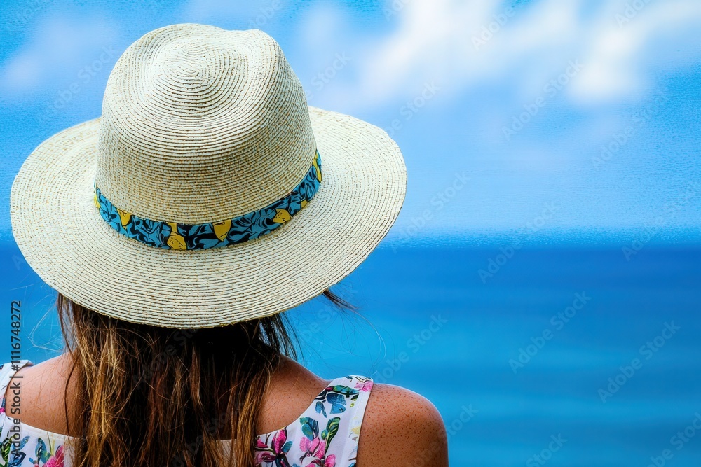 A woman with long hair wearing a straw hat sits peacefully, gazing at the tranquil ocean waters. The bright sunlight enhances the vibrant colors of the scene, creating a relaxing atmosphere.