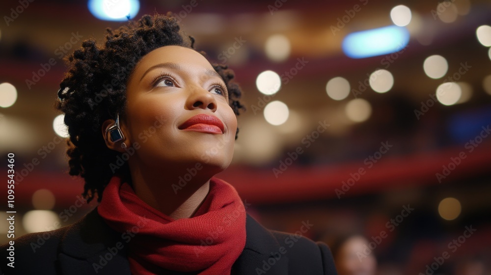 A woman with natural curly hair and bright red lips gazes upward with a focused expression.