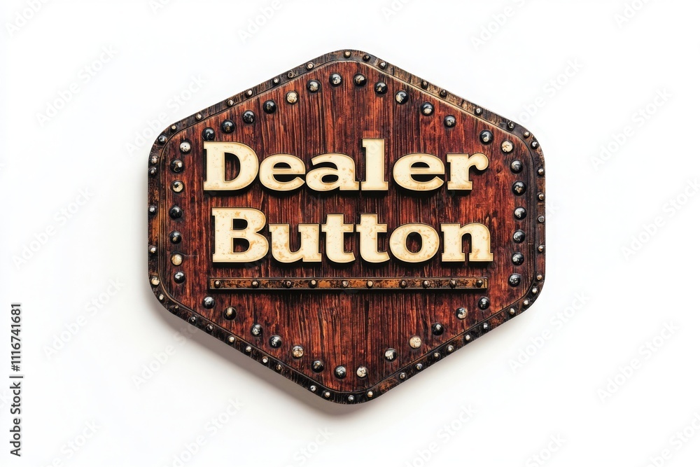 A wooden dealer button sign is presented against a plain background. The sign features raised letters and decorative embellishments, indicating its significance in gameplay settings.