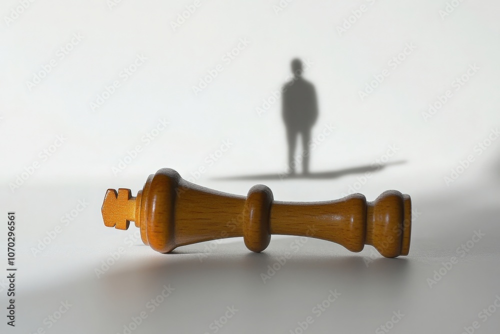 A wooden king chess piece is positioned on its side on a smooth surface, creating a dramatic shadow that resembles a solitary figure, symbolizing defeat and contemplation in quiet settings.